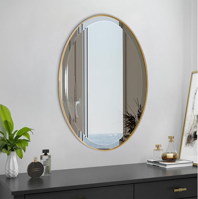 POZINO Oval Beveled Mirrors, 22"x30" Brush Gold Bathroom Vanity Mirror for Over Sink, Stainless Steel Frame Mirrors Modern Wall Mirror for Living Room Bedroom Entryway, Horizontal Or Vertical ﻿
