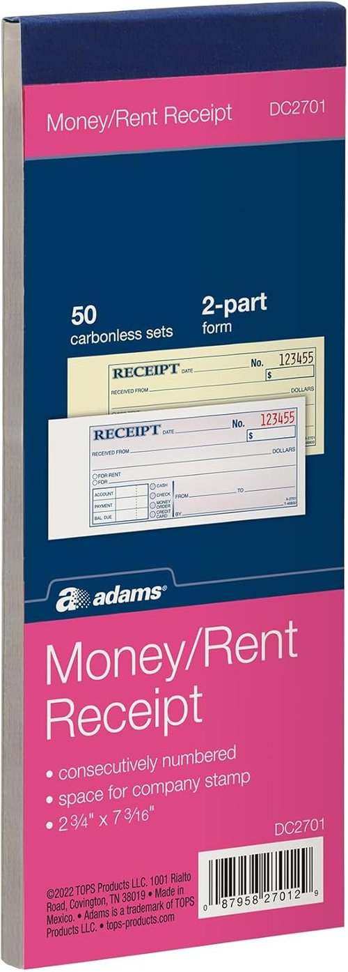 Adams Money & Rent Receipt Book - Carbonless 2-Part | 50 Sets, 2.75 x 7.19 Inch, White & Canary