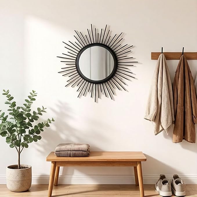 Gold Mirrors for Wall - Metal Sunburst Wall Mirror Room Decor & Home Decor, Boho Mirror Wall Decor Gifts for Women & Moms (Sun-Black, Small)