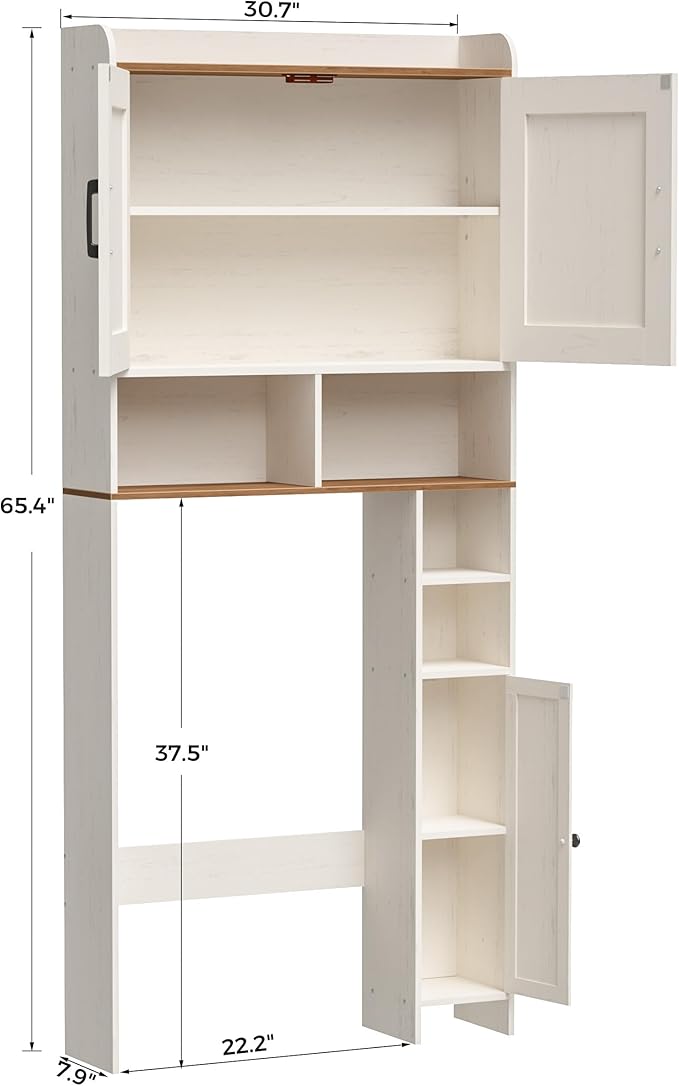 Homhedy Over The Toilet Storage Cabinet with 2 Barn Door and Toilet Paper Holder Stand, FreeStanding Toilet Shelf Space Saver, for Bathroom, Restroom, Laundry, Rustic White and Brown