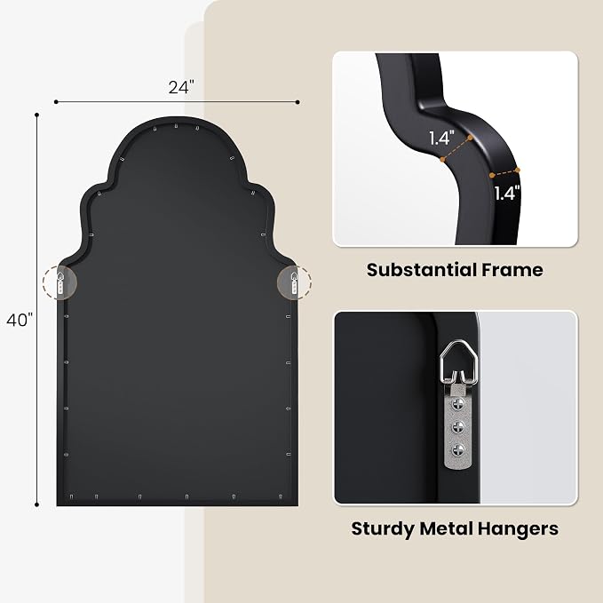 24"x40" Black Arched Mirror for Bathroom Vanity, Matte Black Wood Frame Wall Mirror for Fireplace Mantel, Modern Farmhouse Industrial Decor for Entryway, Large Arch