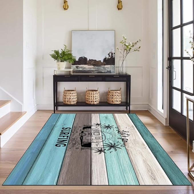 Surfing Area Rug Beach Van Palm Tree Carpet Retro Wood Grain Striped Rugs Non Slip Washable Floor Mat for Entryway Bedroom Living Room Nursery Playroom Home Decor,3'x5'