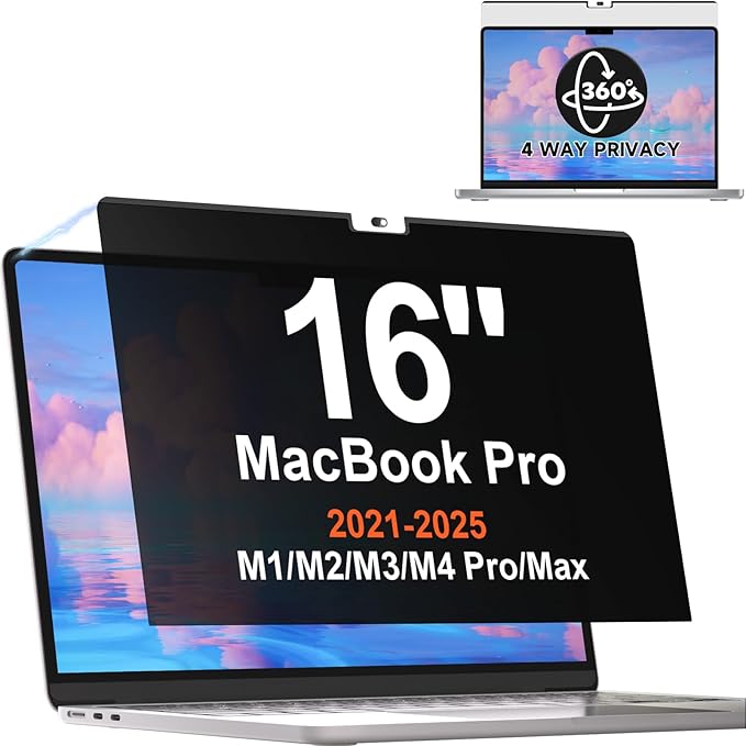 Magnetic 360° Privacy Screen for MacBook Pro 16 Inch (2021-2025, M1, M2, M3, M4, Pro, Max), Removable Anti Glare Blue Light Filter, 4 Way Anti Spy Black Protector for Mac Pro 16In Laptop Computer