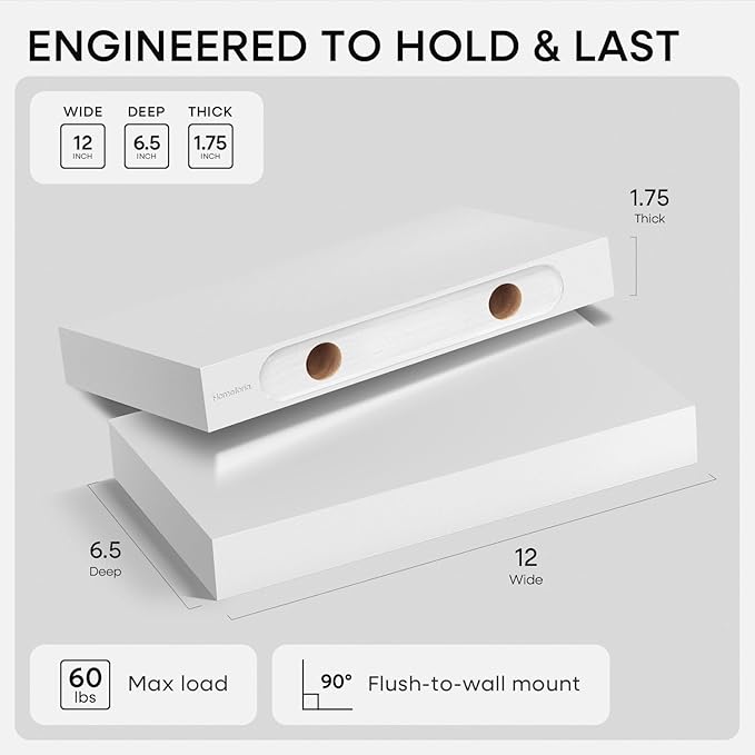 Homeforia White Floating Shelf 12 inch, High End Solid Real Wood Small 12inch Floating Shelves for Wall Mounted, White Wooden 12 in Floating Shelves, Heavy Duty Bracket, 12 X 6.5 X 1.75 inch, Set of 2