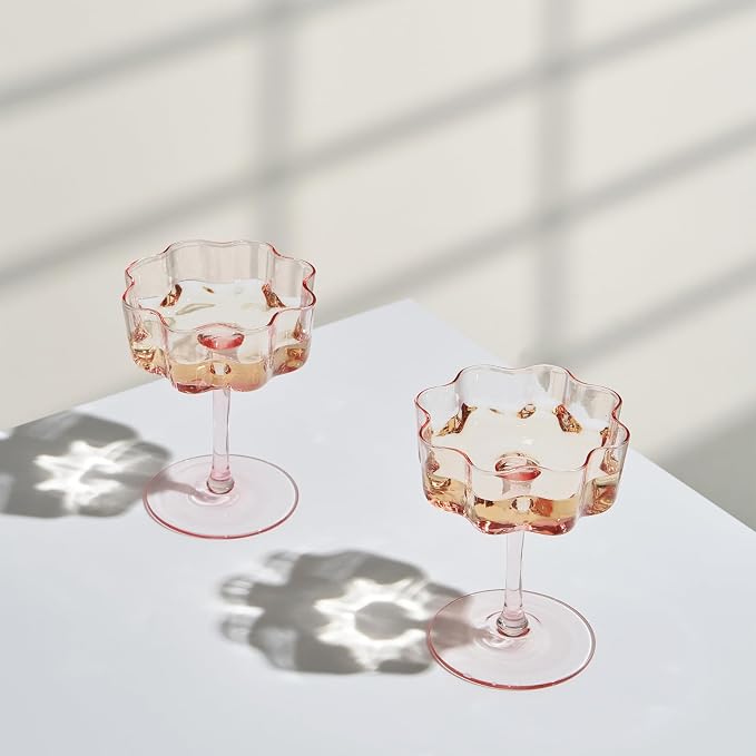 Khen Flower Vintage Wavy Petals Wave Glass Coupes 7oz Colorful Martini, Champagne & Cocktails - 2 Set - Rippled & Champagne Glasses, Bar Glassware Copyright Design (Pink)