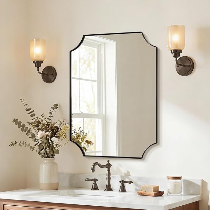 ANDY STAR Bathroom Mirror for Over Sink, 24x32 Inch Black Vanity Mirror, Scalloped Mirrors for Bathroom, Modern Wall Mirror with Aesthetic Scalloped Corner Design, Wall Mount Vertical or Horizontal