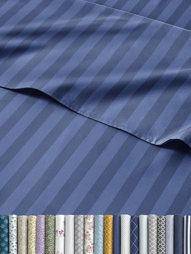 Striped Sheets - Blue Striped Sheets - 1 Flat & 1 Fitted & 2 Pillowcases w/ Deep Pockets – Comfy, Wrinkle & Fade Free - Ultra-Soft, Breathable & Cooling – Luxury Pinstripe Bedding - Queen Size Bed Set