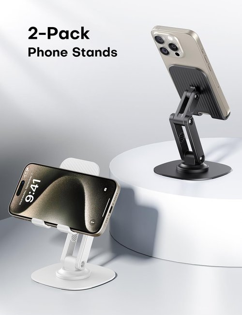 OMOTON Adjustable Cell Phone Stand - 360° Swivel Holder for iPhone 17/16/15/14/13 Pro Max | 2-Pack, Black & White