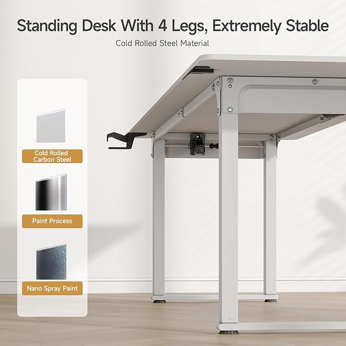 ONBRILL Standing Desk, 63x30 Inches Rectangle Stand Up Desk with 4 Legs, Dual Motor and Memory Controller, Adjustable Height from 28-46 Inches for Home and Computer Workstation, White