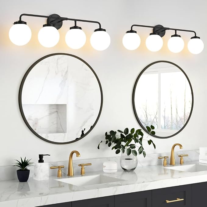 Bathroom Light Fixtures Over Mirror, 4-Light Matte Black Vanity Lighting with Milk White Glass Globe Shades Modern Wall Sconce
