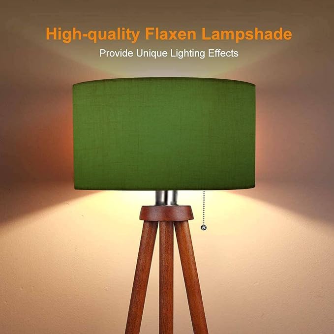 Wood Tripod Floor Lamp Olive Green Frosted Glass Modern Standing Lamp Linen Lampshade Dimmable Tall Lamp Mid Century Floor Lamp for Living Room Bedroom