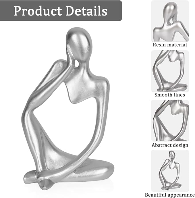 Sandstone Resin Thinker Style Abstract Sculpture Statue Collectible Figurines Home Office Bookshelf Desktop Decor (Small Silver, 3pcs)