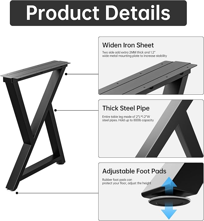 TOCRETOARE Metal Table Legs Heavy Duty, 16”H x 18”W, Metal Furniture Legs for Dining Desk Bench and Coffee Table, Industrial Black DIY Iron Bench Legs, Set of 2
