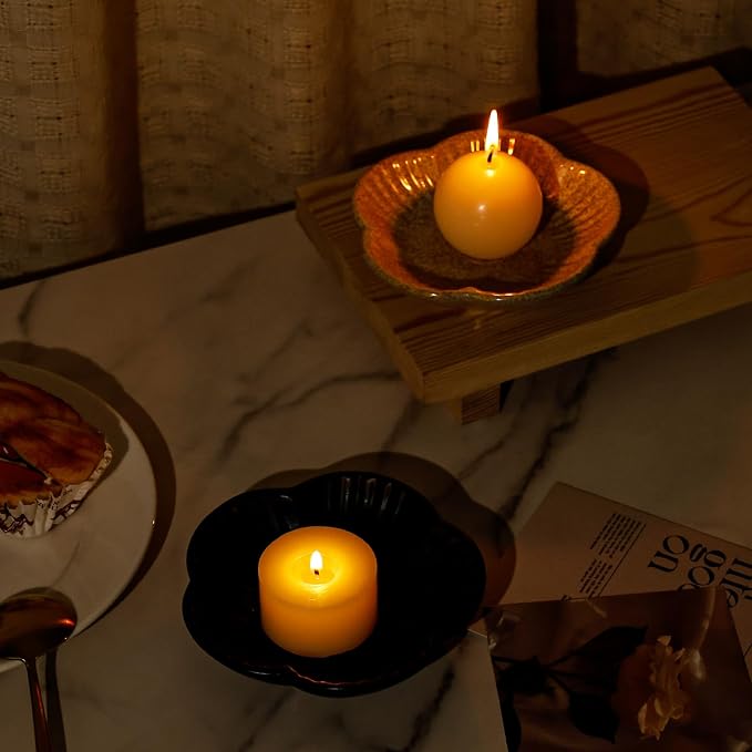 Koythin Ceramic Candlestick Holder for Pillar Candles, Floral Shape Candle Stand & Dish Bowl for Candlesticks, Incense, Decorative Ceramic Plate Tray for Table Centerpiece and Home Decor (Yellow)