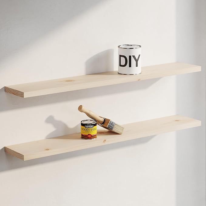 Homeforia 60 inch Wood Floating Shelf, High End Solid Natural Long Wood Shelf for Wall 60 inches, Unfinished Wooden 60inch Large Floating Shelves, Heavy Duty Bracket, 60 X 6.5 X 1.75 in, Set of 3