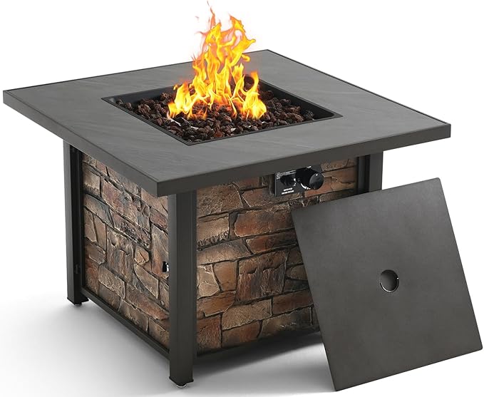 YATEMATE 36'' Propane Gas Fire Pit Table, Sintered Stone Tabletop & Polyresin Stone Look Panel, 50000 BTU Gas Fire Pit for Outside Patio and Garden, with Metal Lid & Lava Rocks