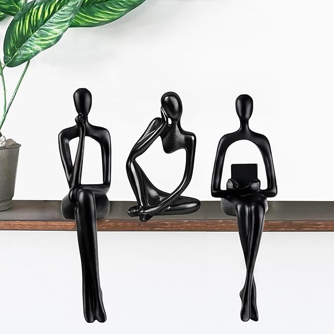 Prettidecor Gold Home Decor Thinker Statue Accents, Set of 3 Thinker Sculptures Office Decor Modern Abstract Resin Decoration on Shelf Table Desk for Living Room Office Bedroom (Black, Large)