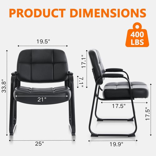 CLATINA Big & Tall Waiting Room Guest Chair Set - 400 lbs Capacity, Leather, Black, Padded Arms