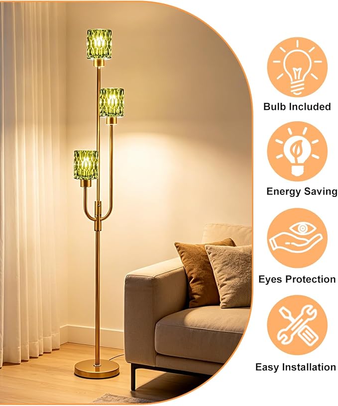 66IN Glass Floor Lamp 3-Lights Modern Gold Dimmable Floor Lamps with 3000K Warm White Bulbs for Wedding Party Modern Tall Standing Lamp with Green Glass Shade for Living Room/Bedroom/Home Decor