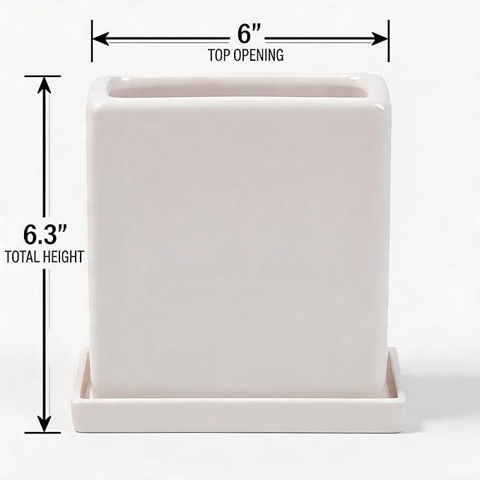 White Ceramic Plant Pots with Saucers, 6 Inch Square Planter Pots Set of 2, Modern Minimalist Medium Flower Pots for Indoor Plants, Snake Plants, Monstera, Home Decor
