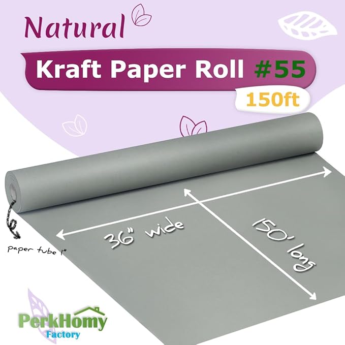 PerkHomy Light Grey Kraft Paper Roll 36" x 1,800" (150') for Gift Wrapping Bouquet Flower Art Painting Craft Writing Packaging Shipping 80GSM 55LB (Light Grey, 36" x 150')