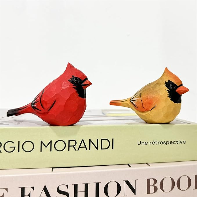 Hand Carved Painted Bird Statues - Wooden Cardinals for Home Decor, Housewarming, Birthday, Christmas