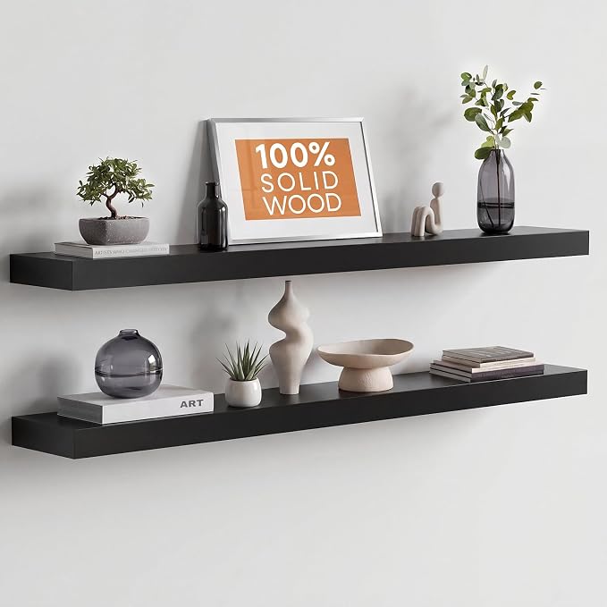 Homeforia Floating Black Shelf 42 inch, High End Solid Real Wood 42 inches Long Floating Shelves for Wall, Black Wooden 42inch Large Floating Shelves, Heavy Duty Bracket, 42 X 6.5 X 1.75 in, Set of 3