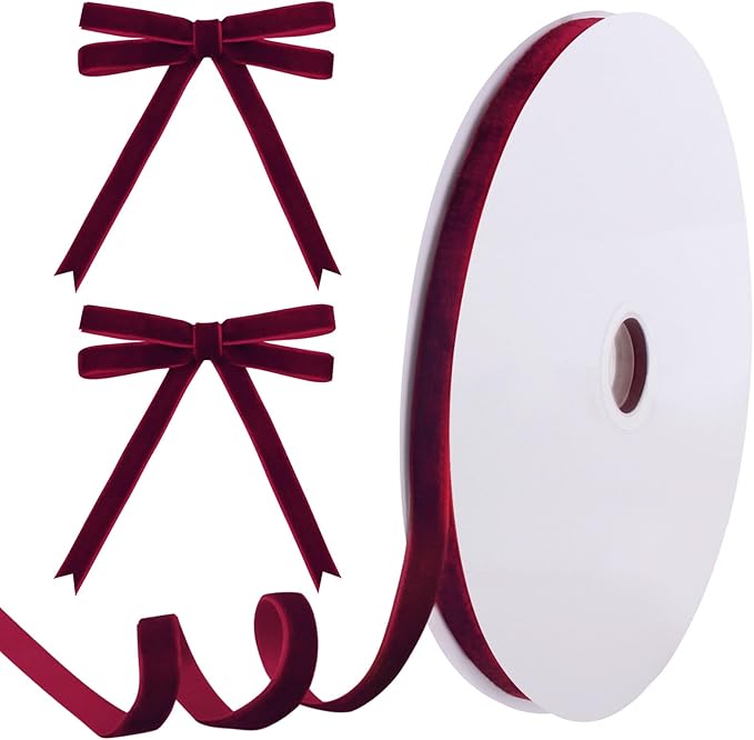 25 Yards Burgundy Velvet Ribbon for Christmas Tree,3/8 Inch Dark Red Velvet Christmas Ribbon for Gift Wrapping Crafts Bow Wreath Holiday Decorations (Burgundy)
