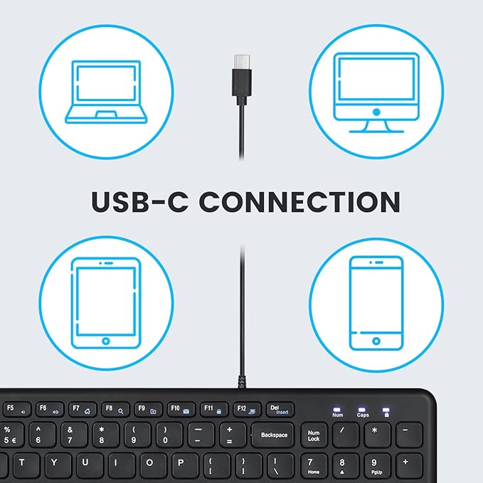 Perixx PERIBOARD-213C Wired Silent USB-C Scissor Keyboard - 14.45x4.76x0.71 Inches Compact Design with Number Pad - Black - US English