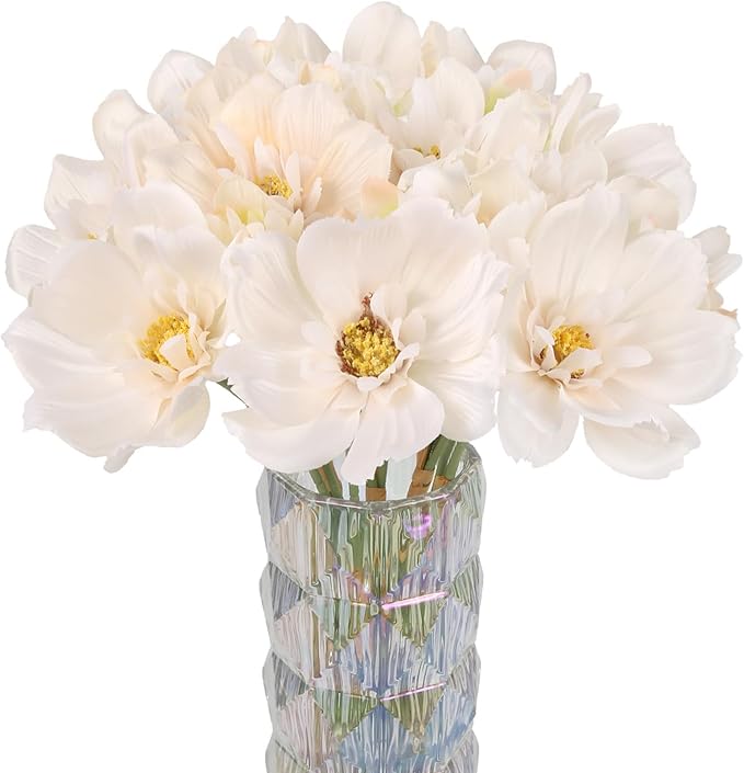 INSUNX 5 Bouquet Cosmos Artificial Flowers Champagne Fake Daisy Flowers 15Pcs Faux Wildflowers Silk Flowers for Wedding Garden Home Party Table Centerpieces Cake Decor (Champagne)