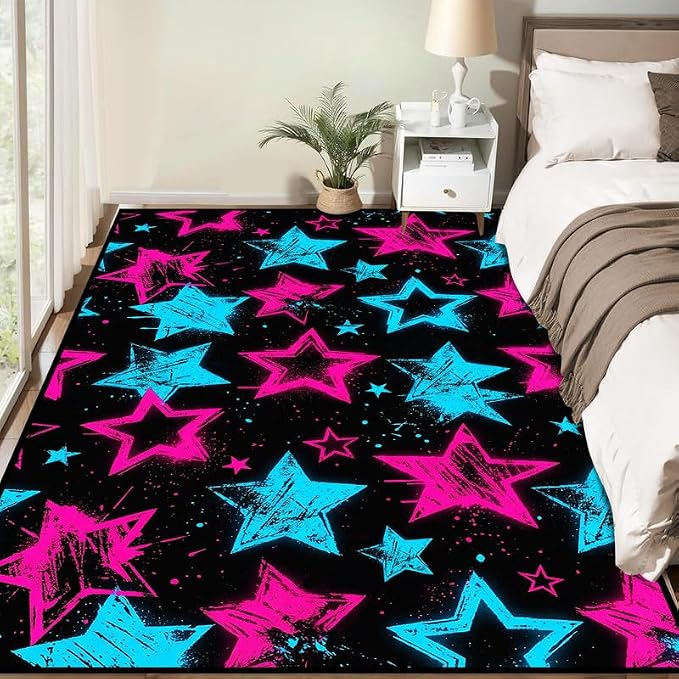 4'x6' Neon Star Area Rug Black Pink and Blue Floor Mat Abstract Star Print Rugs Washable Non-Slip Carpet for Bedroom Living Room Nursery Kitchen Playroom Home Decor