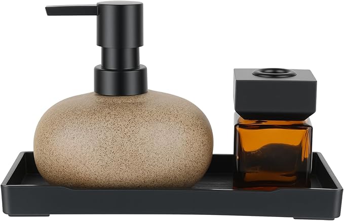 Bathroom Countertop Soap Dispensers Set, 300ml Ceramic Soap Dispenser with Amber Glass Bottle & Black Tray, Brown Ceramic Hand Soap Dispenser for Kitchen and Bathroom Counter
