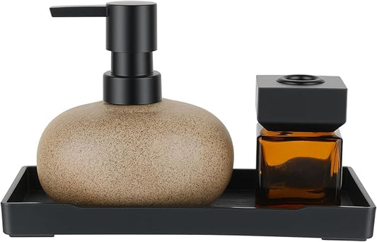Bathroom Countertop Soap Dispensers Set, 300ml Ceramic Soap Dispenser with Amber Glass Bottle & Black Tray, Brown Ceramic Hand Soap Dispenser for Kitchen and Bathroom Counter