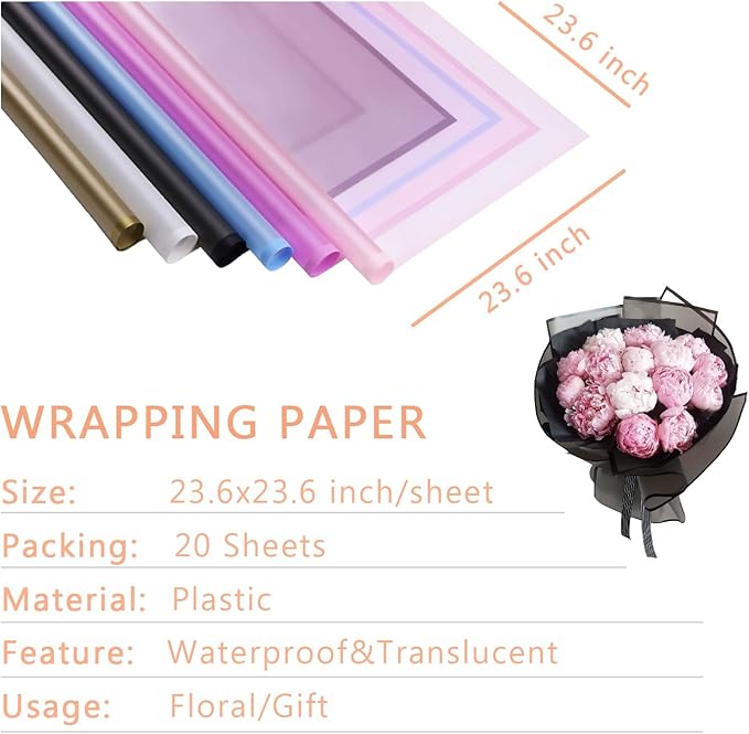 BBJ WRAPS Frosted Flower Wrapping Paper White Lines Gift Packaging Florist Bouquet Supplies 20 Counts (Pink)