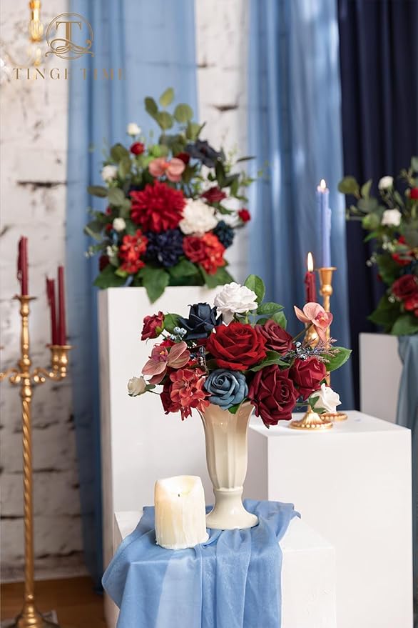 TINGE TIME 9 inch Bridal Bouquets for Bride, Artificial Silk Flowers Tossing Bouquet, Bride Bouquets for Wedding,Ceremony, Anniversary (Red&NavyBlue)