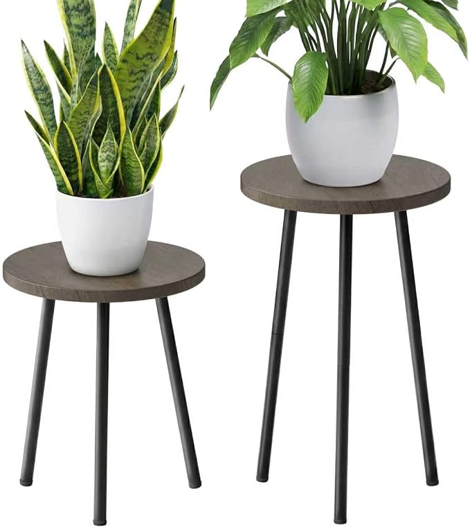 Plant Stand Indoor Tall: Corner Wood Plant Stand 2 Pack Mid Century Modern Decor - Small Round Plant Table for Indoor Plants - Outdoor Plant Holder for Patio Living Room Bathroom Office (Grey Wood)
