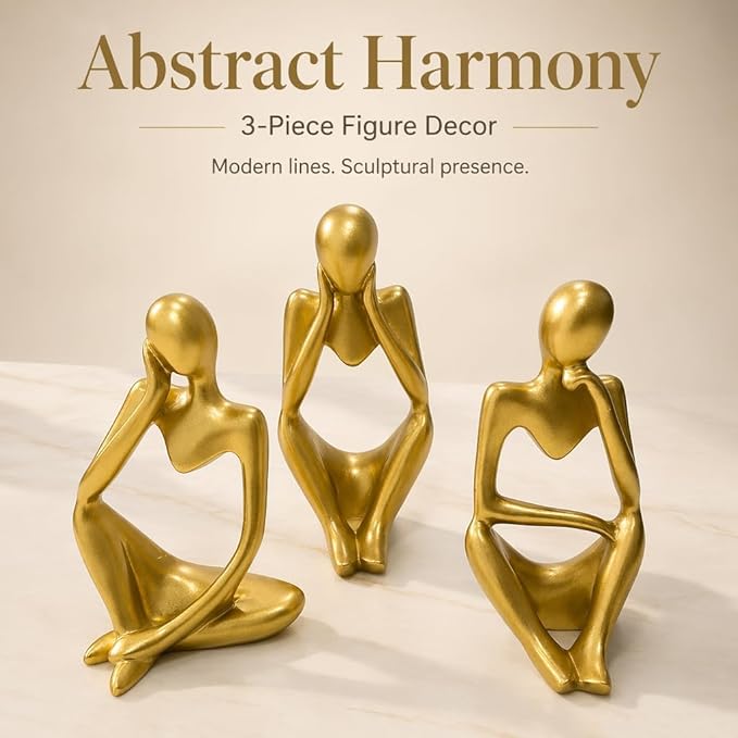 Gold Thinker Statue Set of 3 - Abstract Resin Figurines for Home Decor, Modern Art Sculpture for Office Desk, Bookshelf, Living Room, Minimalist Tabletop Decoration (5 inches)