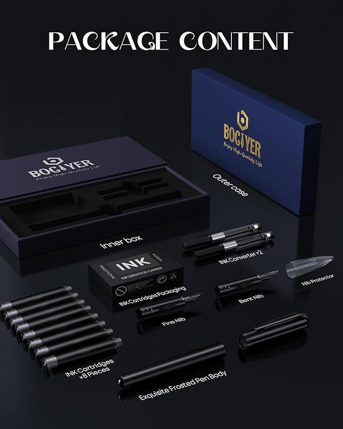 BOCIYER samurai Fountain Pen Set,Hand Polished Medium Nib,Calligraphy Nib(Bent Nib),Includes 8 Ink Cartridges,Ink Refill Converter*2 And Gift Box,Best Pen Gift Set for Men & Women（Black ）