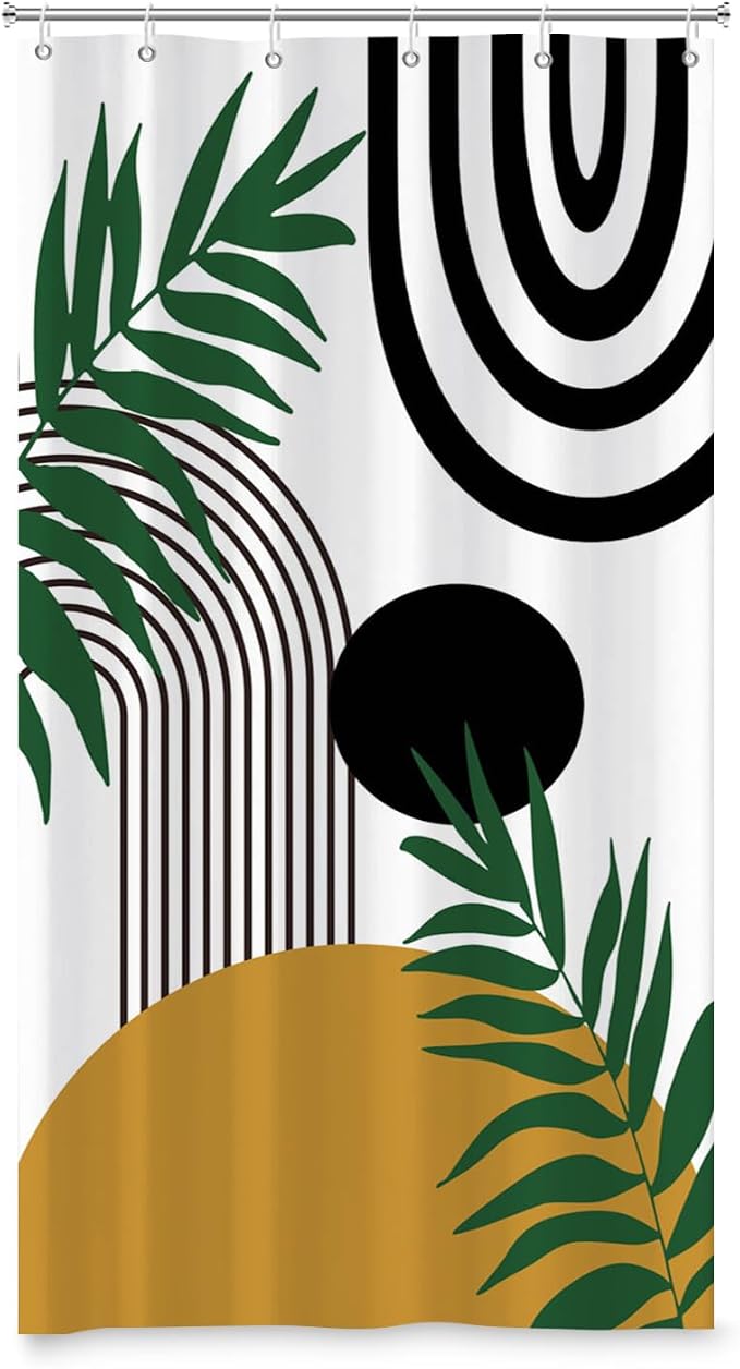 Boho Mid Century Shower Curtain Bohemian Abstract Modern Sun Bathroom Curtain Geometric Arch Curve Leaves Polyester Shower Curtain Sets for Bathroom Extra Long 36x72 in with 6 Hooks