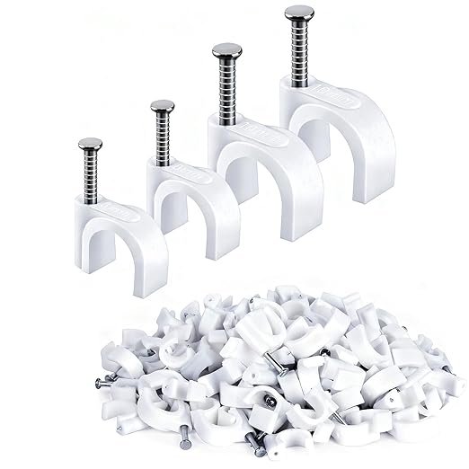 200PCS Cable Staples,10mm 8mm Cable Clips White,Wire Wall Clips with Steel Nails,for Round Ethernet Cable Tacks Electrical Wire TV Cable Speaker Wire Coax Clips (100Pcs 10mm+100Pcs 8mm)