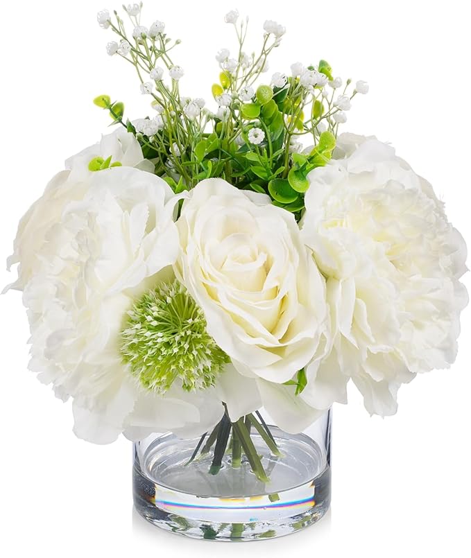 ENOVA FLORAL Artificial Rose Flowers in Vase, Mixed White Rose and Silk Peonies in Vase with Faux Water for Dining Table Centerpieces, Home Decor Indoor (FL-158-Cream)