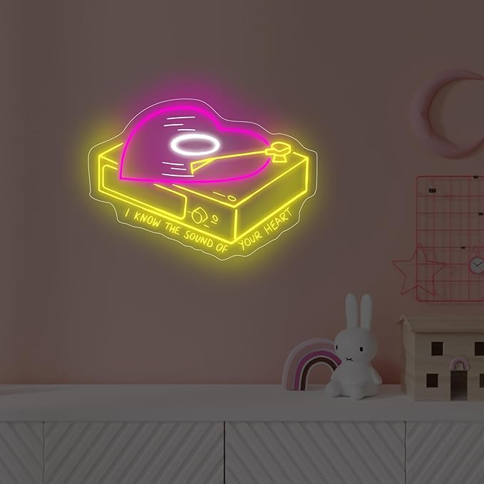 Heart shape vinyl record neon sign, Music Wall Décor, 90s theme party decoration, music decor, bar decor, Home, A esthetic Room, Wedding, Party, Kitchen, Record Label, Sound Studio, Yellow