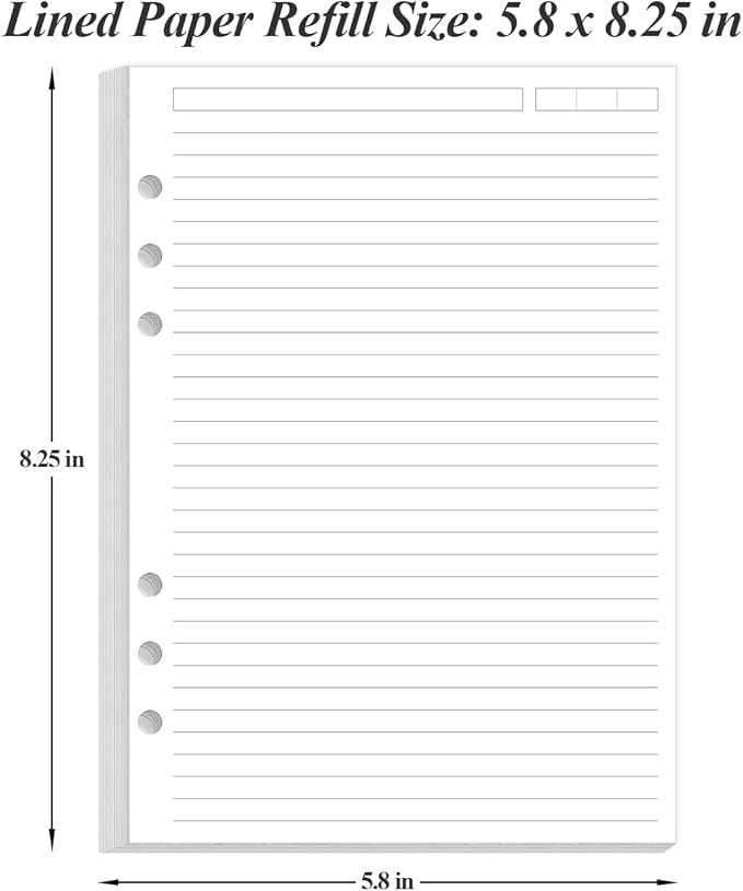 6 Hole Lined Paper Refills for A5 Ring Binder - 100 Sheets/200 Pages Loose Leaf Paper Line Refills for Filofax Planner, 100 gsm White Paper, 5.8" x 8.25"