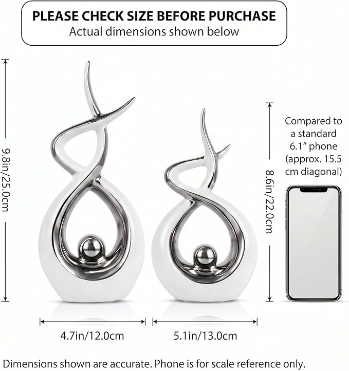 LCCCK White and Silver Abstract Table Decor, Abstract Sculptures Home Decor, Ceramic Sculpture Set of 2 with Electroplated Finish, Modern Tabletop Statues for Dining Table or Shelf