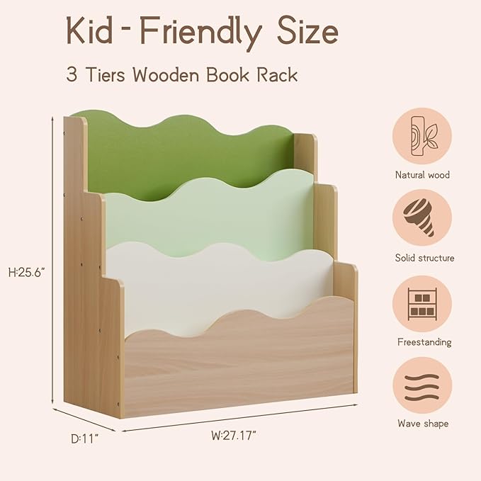 Kids Bookshelf Montessori Shelf for Toddlers, Front-Facing Book Organizer for Children, Pastel Nursery Floor Bookshelf, Wave Design Reading Corner Display Rack