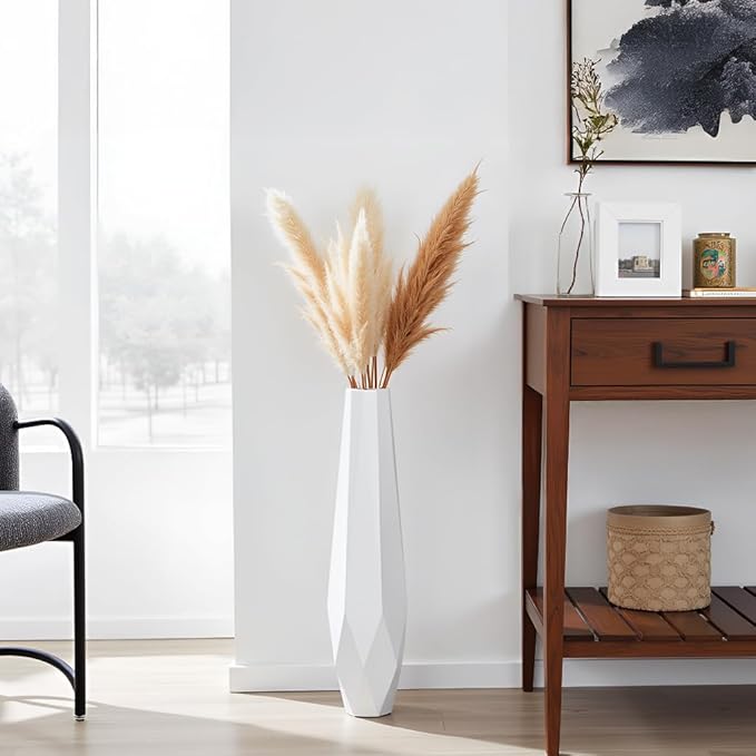 Tall Floor Vase - 27.5" Tall Vases for Home Decor, Resin Floor Vase with Handmade Dimensional Geometric Style, Fits Into Hay/Pampas Grass, Boho Living Room Decor (White)