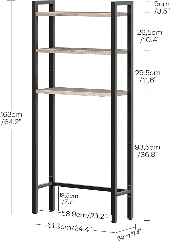 HOOBRO Over The Toilet Storage, 3-Tier Bathroom Organizer Shelf Over Toilet, Freestanding Bathroom Storage Shelves, Space Saver, Easy to Assemble for Room, Greige and Black BG41TS01