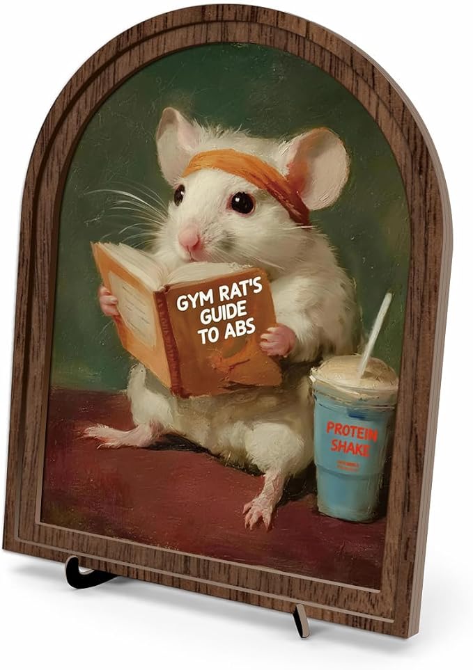 Wooden Tabletop Sign Funny Mouse Decor for Bookshelf Desk Shelf, Vintage Reading Animal Art, Arched Wooden Sign with Stand Decoration, Rustic Home Gym Office Decor