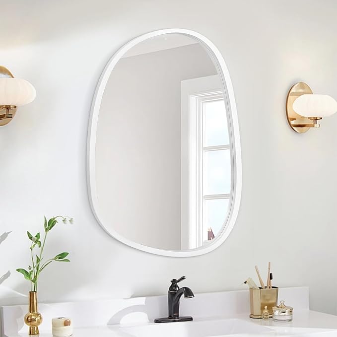 Asymmetrical Mirror Irregular Wall Mirror Oval Wood Frame Wall Mirror for Bathroom Wall Mirrors Decorative for Bedroom Living Room Entryway Hallway Unique Hanging Mirror White
