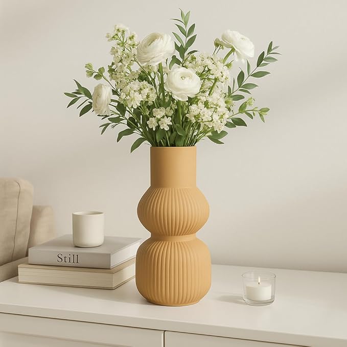 Ceramic Vase for Living Room Decor – Home Decor Accent for Bedroom, Table Accent, House, and Room Decor Display – 3D Printed Designed Flower Vase and Office Decor – 15" Brown